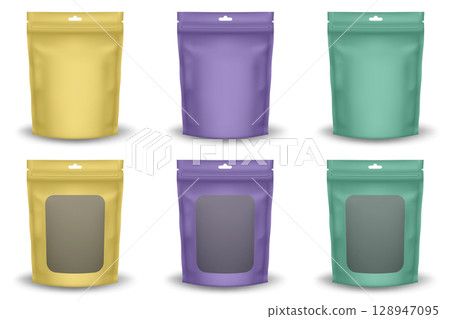 Set of realistic foil pouches with transparent window and hanging hole 128947095