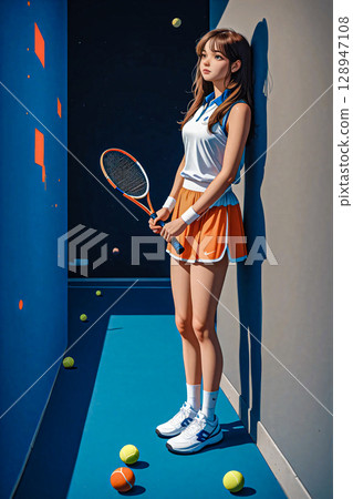 Girl with a racket indoors. A young woman stands indoors holding a tennis racket. 128947108