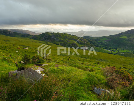 A wide view shows the lush green, hilly landscape of Coomloughra Horseshoe in County Kerry, Ireland. Dramatic clouds fill the sky above the hills in the distance. 128947151