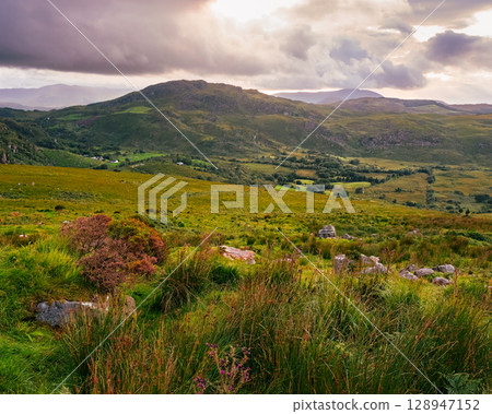 Green hills of coomloughra horseshoe in County Kerry, Ireland, under overcast skies and dramatic clouds during the daytime. Green hills of coomloughra horseshoe in County Kerry, Ireland, under overcast skies and dramatic clouds during the daytime. 128947152