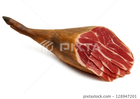 High-quality Cured Ham Leg With Slices Showcasing Rich Color and Texture on a White Background 128947201