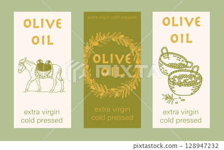 Olive oil label. Hand drawn frame - wreath of olive branches, baskets of olives, donkey carrying amphoras. Organic or artisanal product labels, branding, food packaging 128947232