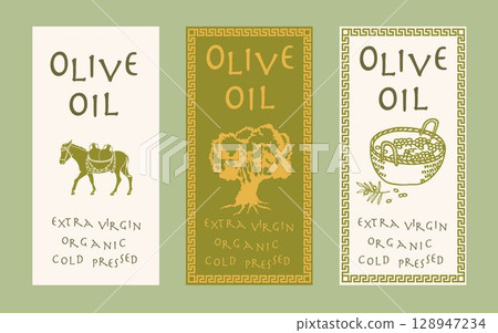 Olive oil label. Hand drawn olive tree, baskets of olives, oil bottle. Organic or artisanal product labels, branding, food packaging 128947234