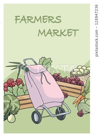 Farmers market poster with shopping trolley and vegetables Farmers market poster with shopping trolley and vegetables 128947236