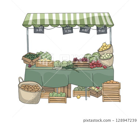 Market stall is filled with organic produce. use in eco-friendly, local food, farming, family lifestyle templates Market stall is filled with organic produce. use in eco-friendly, local food, farming, family lifestyle templates 128947239