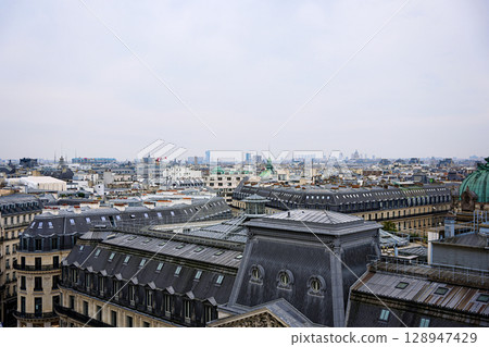 Paris city rooftops aerial skyline France 128947429