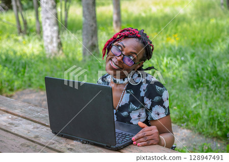 Pensive African Woman Thinking Laptop 128947491