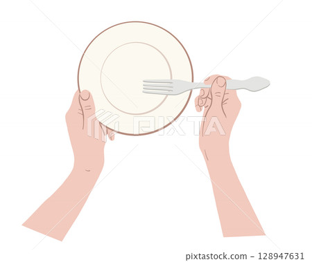 Female Hands Holding Plate and Fork Vector Gestures Illustration 128947631