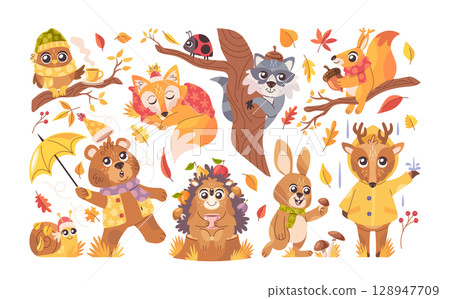 Cute autumn animal and bird characters with fallen leaves and dry yellow grass decoration set 128947709