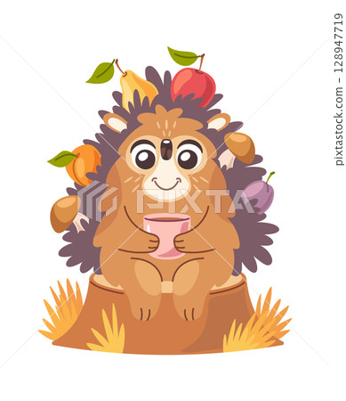 Hedgehog autumn animal drinking tea 128947719