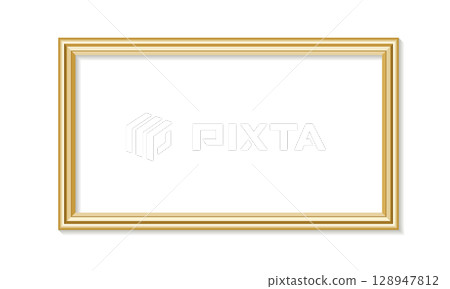 Realistic Gold Vintage Rectangular Picture Frame Isolated on White Background, Vector Illustration 128947812