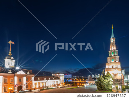 The ancient leaning red brick Syuyumbike Tower at night on the territory of the Kazan Kremlin. Russia The ancient leaning red brick Syuyumbike Tower at night on the territory of the Kazan Kremlin. Russia 128947837