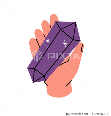 Hand holding a luxury crystal. Spirituality crystal. Mystical, esoteric, magic or healing crystal. Vector illustration. Hand holding a luxury crystal. Spirituality crystal. Mystical, esoteric, magic or healing crystal. Vector illustration. 128948007