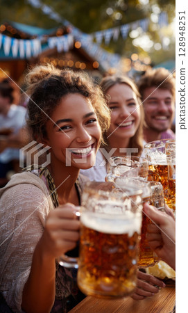 Smiling group enjoying festive drinks at a traditional Bavarian celebration in October Smiling group enjoying festive drinks at a traditional Bavarian celebration in October 128948251