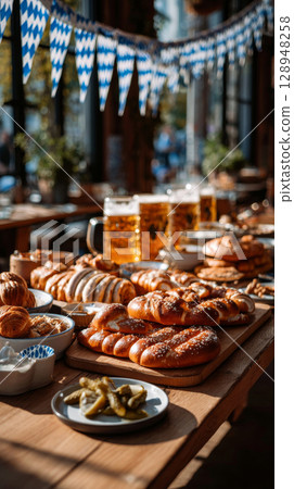 Long table displays traditional Bavarian food and beer during Oktoberfest celebration in Germany 128948258