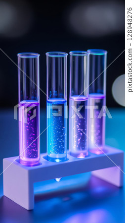 Test tubes filled with vibrant blue and purple liquids on a laboratory bench at night 128948276