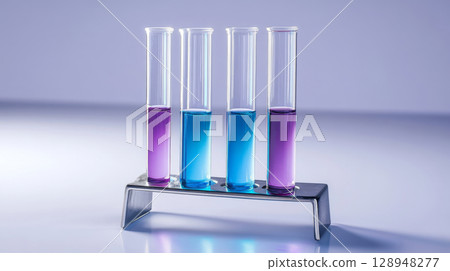 Test tubes filled with blue and purple liquid prepared for a chemistry experiment in a laboratory setting 128948277