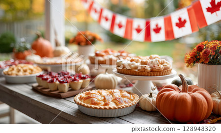 Elegant harvest table setting for Canadian Thanksgiving celebration with autumn decorations and festive foods 128948320