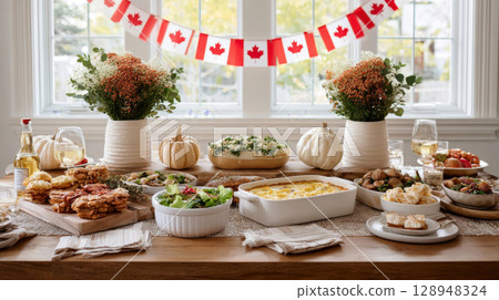 Beautifully arranged Canadian Thanksgiving table showcasing harvest dishes and autumn decorations in a cozy setting 128948324