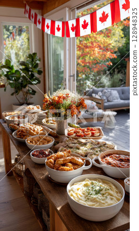 Beautifully arranged Canadian Thanksgiving table with a variety of festive dishes and autumn decorations 128948325