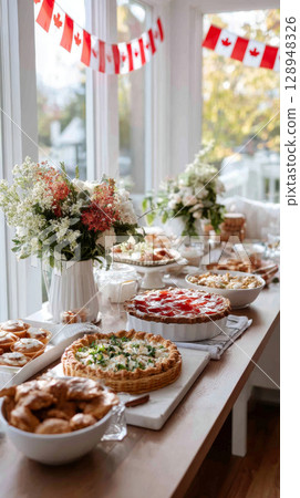 Beautifully arranged Thanksgiving table celebrating Canadian harvest traditions with family and friends 128948326