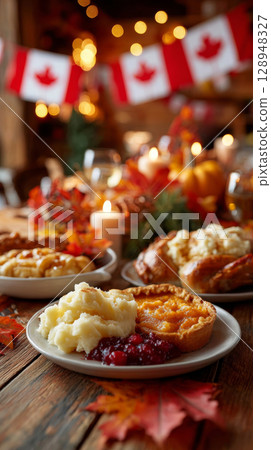 Thanksgiving dinner table set with roast turkey and side dishes in a cozy autumn setting 128948327