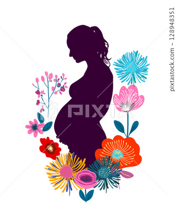 Silhouette of a pregnant woman with flowers abstract. Stock vector illustration. hand drawn. Not AI. Silhouette of a pregnant woman with flowers abstract. Stock vector illustration. hand drawn. Not AI. 128948351