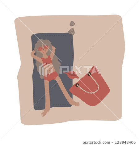 Tanned girl with curly hair sunbathing on the sand. Square scene. Vector illustration for advertising, poster, postcard or brochure about tourist complex or resort. Tanned girl with curly hair sunbathing on the sand. Square scene. Vector illustration for advertising, poster, postcard or brochure about tourist complex or resort. 128948406