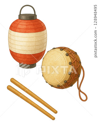 帶有燈籠和鼓的夏季節日套裝(PNG 剪貼圖) 帶有燈籠和鼓的夏季節日套裝(PNG 剪貼圖) 128948495