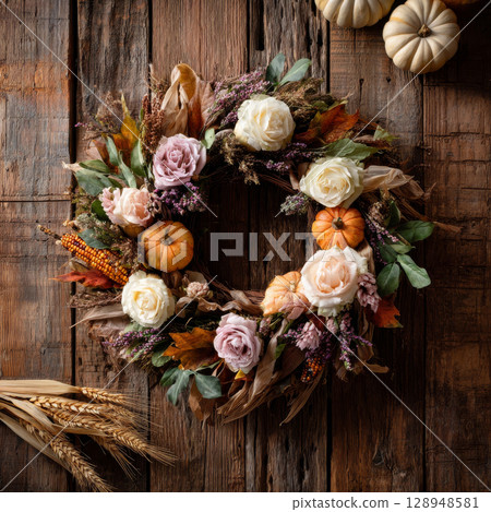 Celebrate Thanksgiving with a vibrant orange wreath adorned with pumpkins and fall leaves 128948581