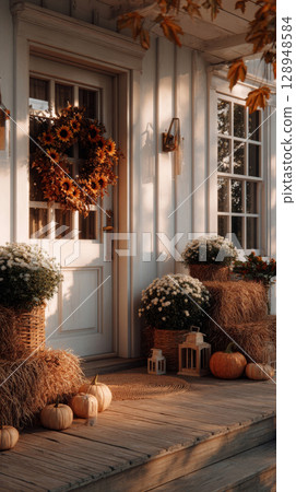 Celebrate Thanksgiving with a vibrant orange wreath adorned with pumpkins and fall leaves 128948584
