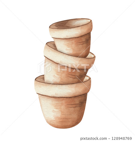 Watercolor illustration of a stack of three clay flower pots on a white background. Perfect for gardening designs, cards, posters, and botanical projects Watercolor illustration of a stack of three clay flower pots on a white background. Perfect for gardening designs, cards, posters, and botanical projects 128948769