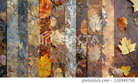 A collage of earth tones in varying shades and textures reminiscent of a walk through a forest floor carpeted in fallen leaves 128948789