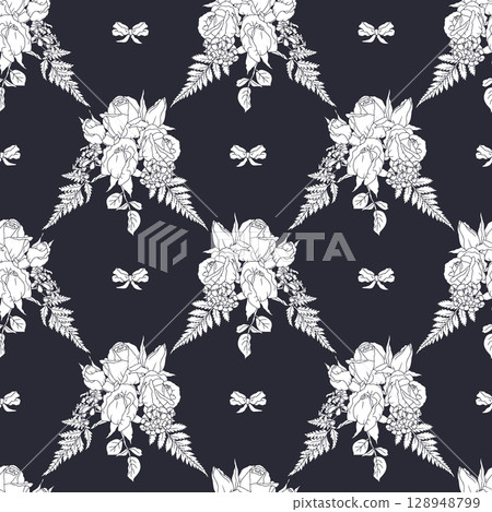 Vintage line art white monochrome rose bouquets and bow knots seamless pattern with black backdrop 128948799