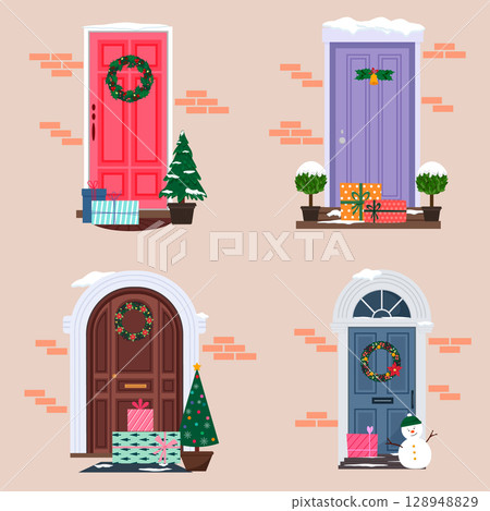 Decorative Christmas doors with wreaths, snow and gifts. Cityscape with fir trees and snowman. Set of illustrations with doors. Christmas and New Year. Winter holiday concept for greeting card. 128948829