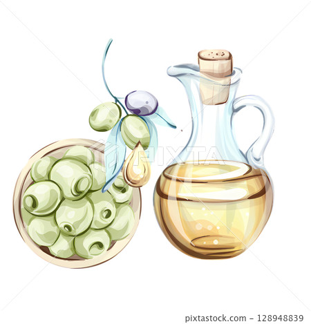 Discover the elegance of olives and olive oil in a beautiful watercolor illustration showcasing Italian culinary traditions 128948839