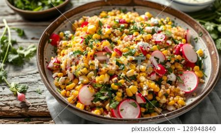 A hearty blend of buckwheat roasted corn and chopped radishes tossed in a cool and creamy yogurt dressing 128948840