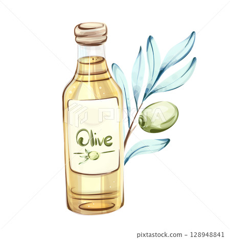 Exploring the allure of olives and olive oil through vibrant watercolor illustrations of nature and culinary delights 128948841