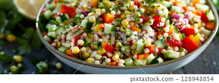 A light and flavorful buckwheat salad with a blend of diced cucumbers colorful bell peppers and sweet corn drizzled with a tangy lemon and herb dressing A light and flavorful buckwheat salad with a blend of diced cucumbers colorful bell peppers and sweet corn drizzled with a tangy lemon and herb dressing 128948854