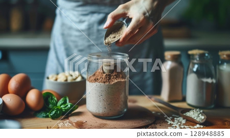 A person adding a scoop of buckwheat protein powder to their postworkout smoothie providing a plantbased source of protein A person adding a scoop of buckwheat protein powder to their postworkout smoothie providing a plantbased source of protein 128948885