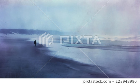The grainy texture of the sand in this beach scene gives it a raw and natural feel. Against a soft gradient of blue and purple sky a lone figure can be seen walking along the shorelin 128948986