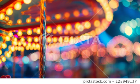 A playful and abstract take on a fairground with colorful lights and a blurred merrygoround spinning in the background A playful and abstract take on a fairground with colorful lights and a blurred merrygoround spinning in the background 128949137