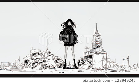 一位年輕女子獨自站在被地震和空襲摧毀的城市（簡單的顏色） 128949245