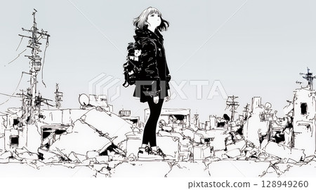 一位年輕女子獨自站在被地震和空襲摧毀的城市（簡單的顏色） 128949260