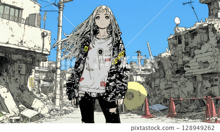 A young woman stands alone in a city destroyed by earthquakes and air raids A young woman stands alone in a city destroyed by earthquakes and air raids 128949262