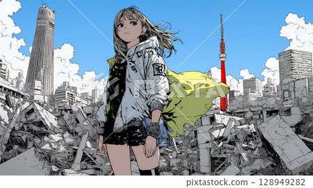 A young woman stands alone in a city destroyed by earthquakes and air raids 128949282