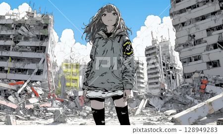 A young woman stands alone in a city destroyed by earthquakes and air raids 128949283