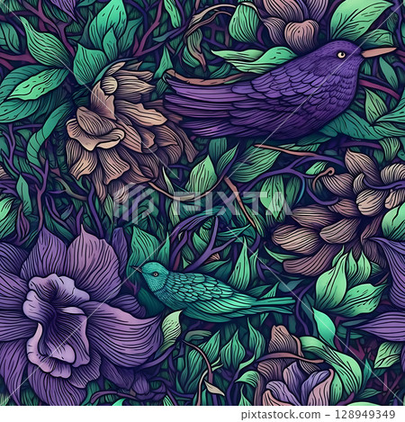 鳥類和植物的無縫背景 128949349