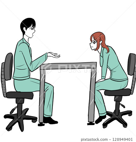 A woman listening seriously to a man A woman listening seriously to a man 128949401
