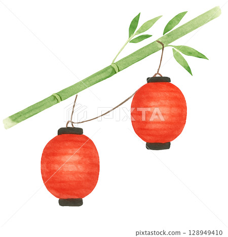 Set of lanterns hanging from bamboo (PNG cutout) 128949410